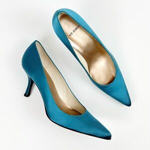 NWOB St. John Vintage Satin Teal / Peacock Blue Pointed Toe Pumps Size 7